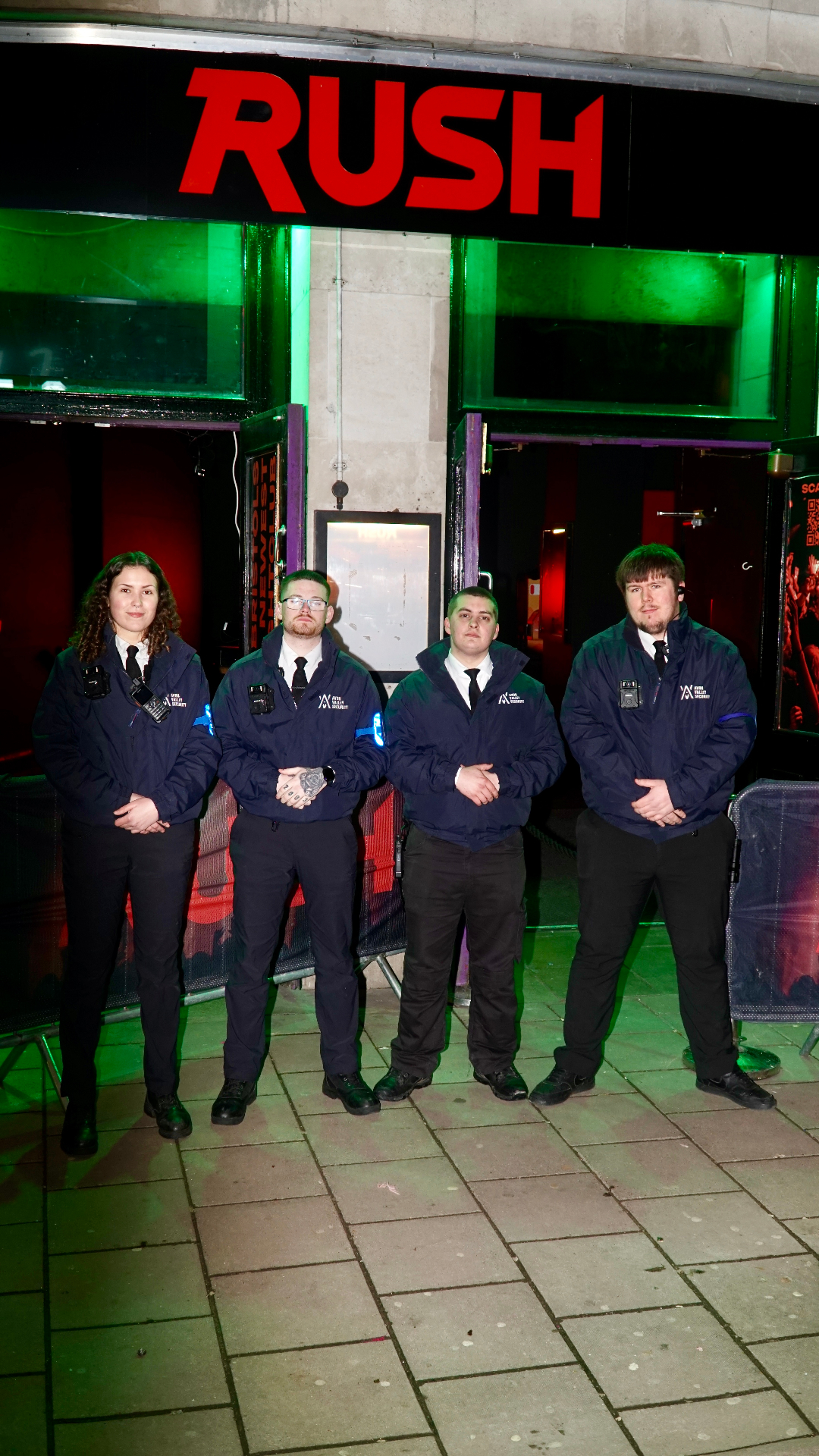AV Group UK door supervision team at the entrance of Rush nightclub, Bristol