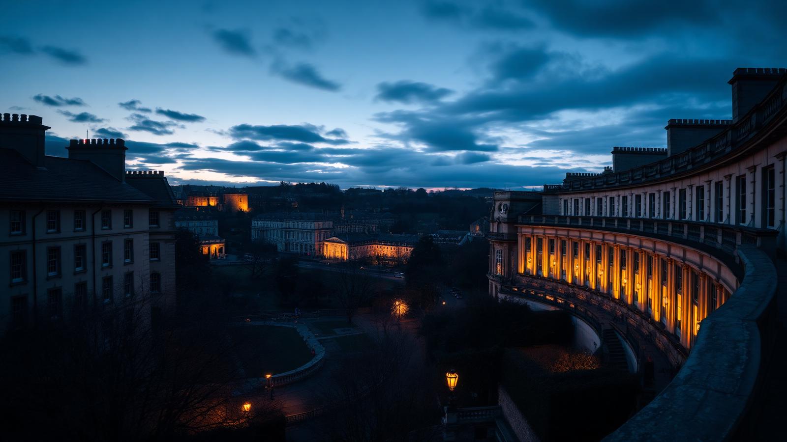 Bath Royal Crescent Georgian terrace at dusk
