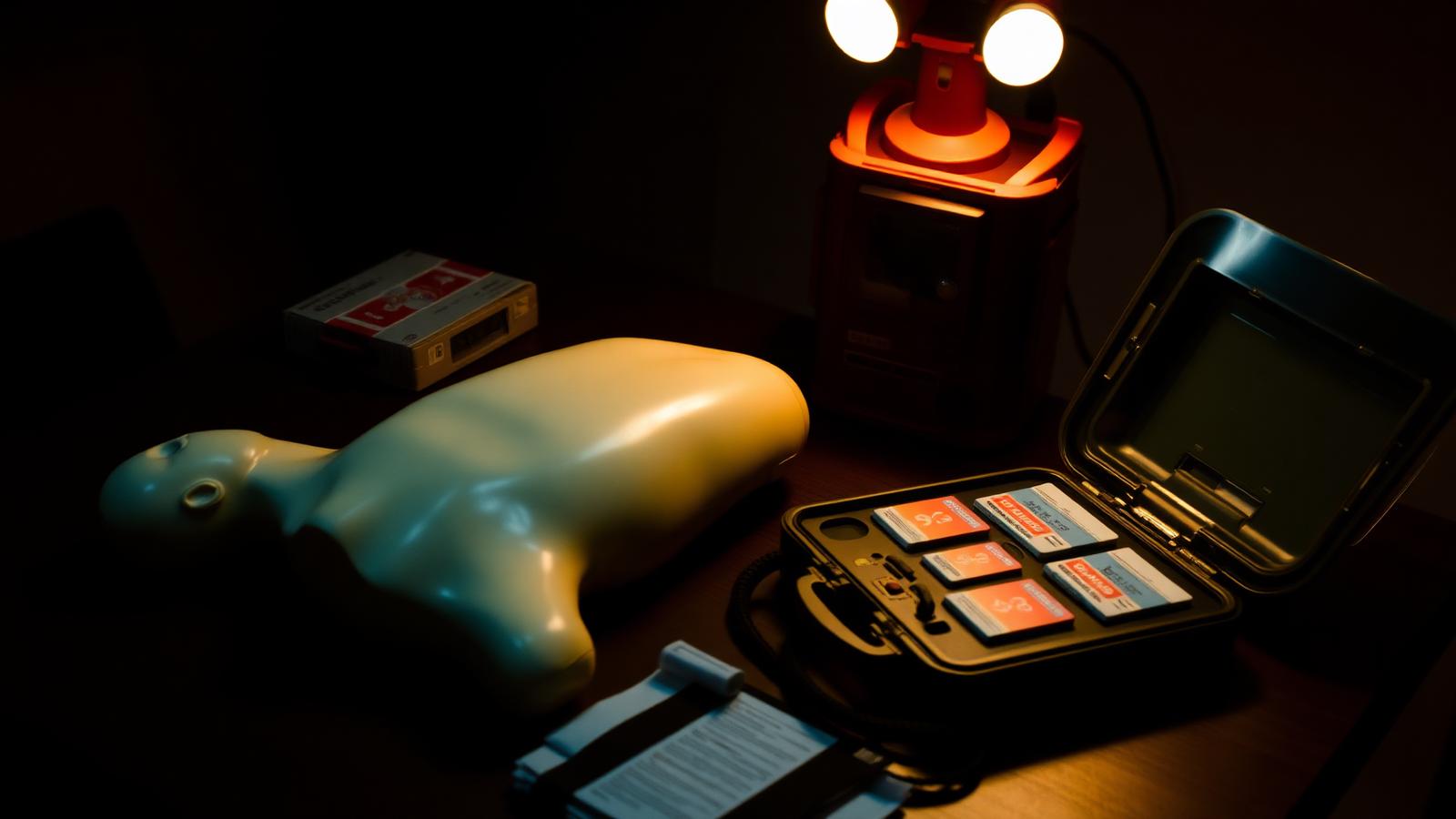 First aid training equipment including CPR mannequin, AED defibrillator and bandages