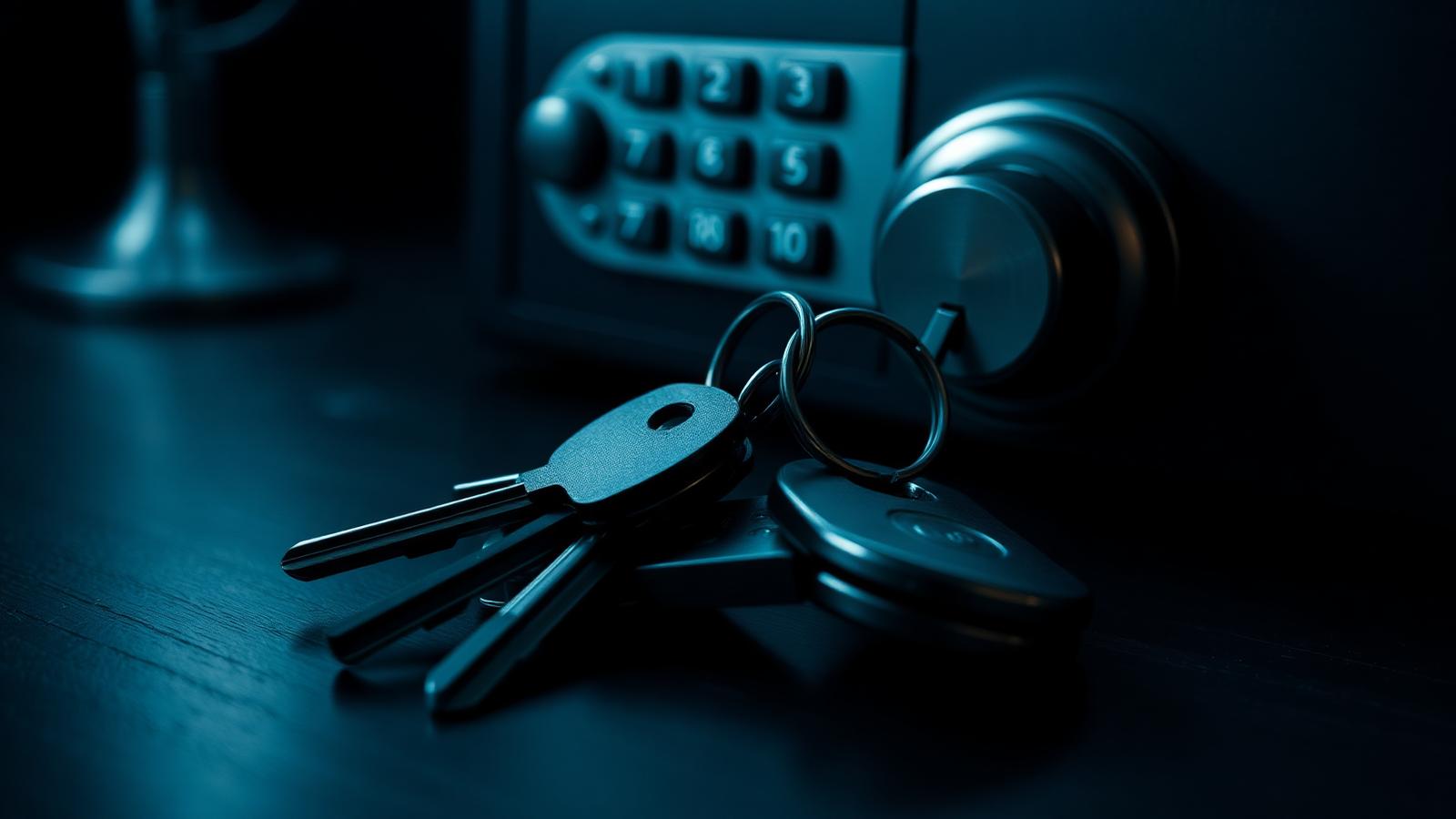 Set of building keys on a keyring beside a steel key safe and alarm keypad