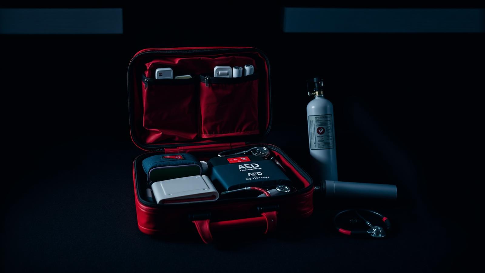 Event medical response bag with AED defibrillator, oxygen cylinder and stethoscope