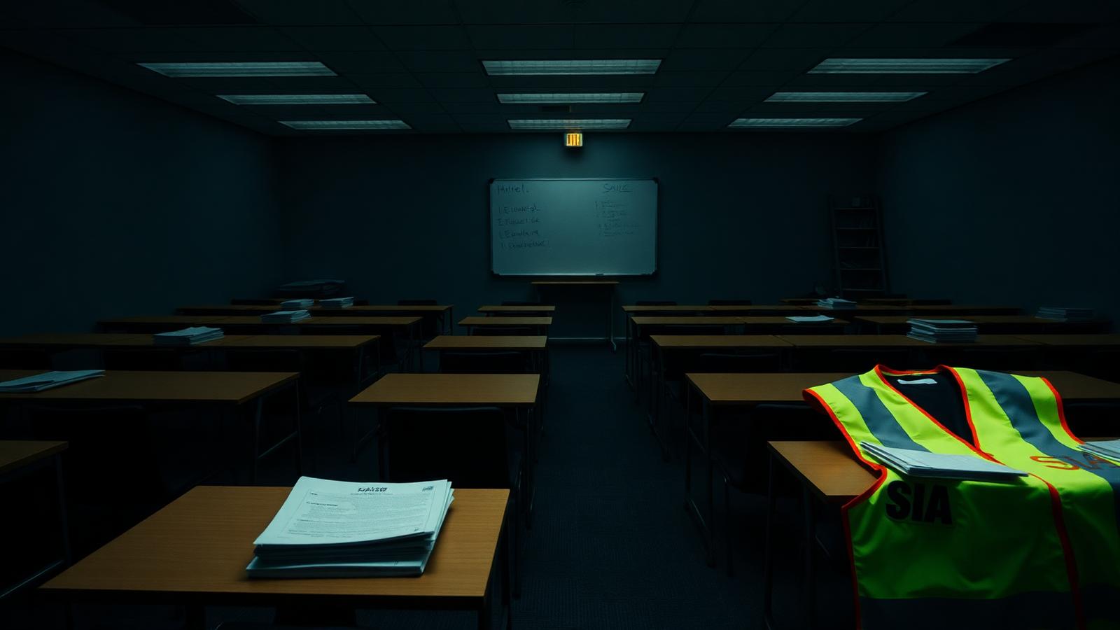 SIA training classroom with course manuals on desks and high-vis vest on chair